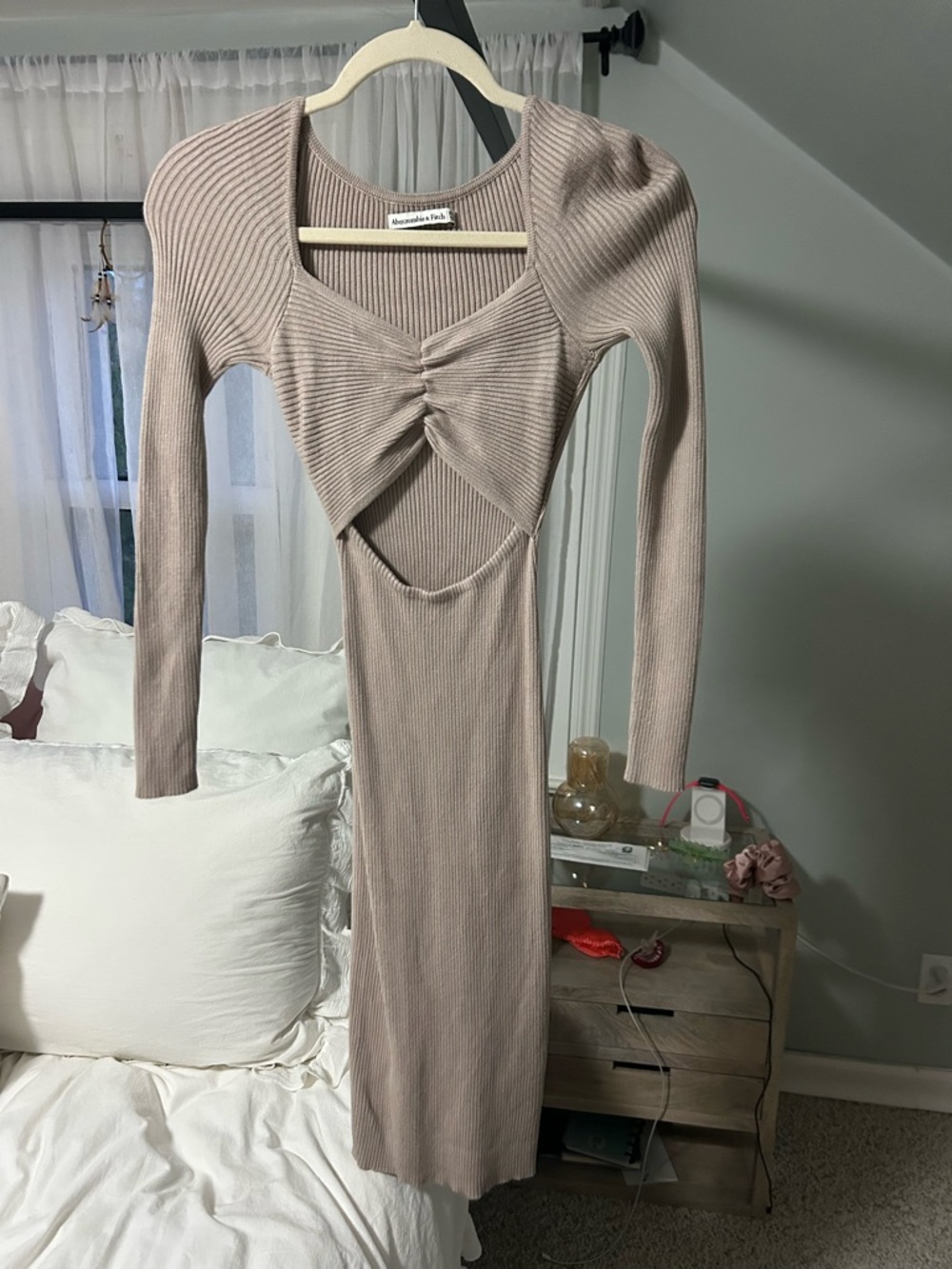 Abercrombie & Fitch Taupe Ribbed Backless Midi Dress